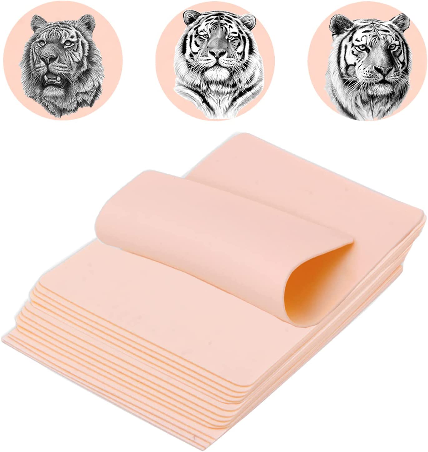 Espuma cor salmão dobrada com três ilustrações de cabeças de tigre em círculos cor de rosa