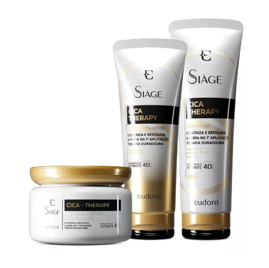 Conjunto de produtos Siàge Cica Therapy da Eudora em embalagens branca e dourada