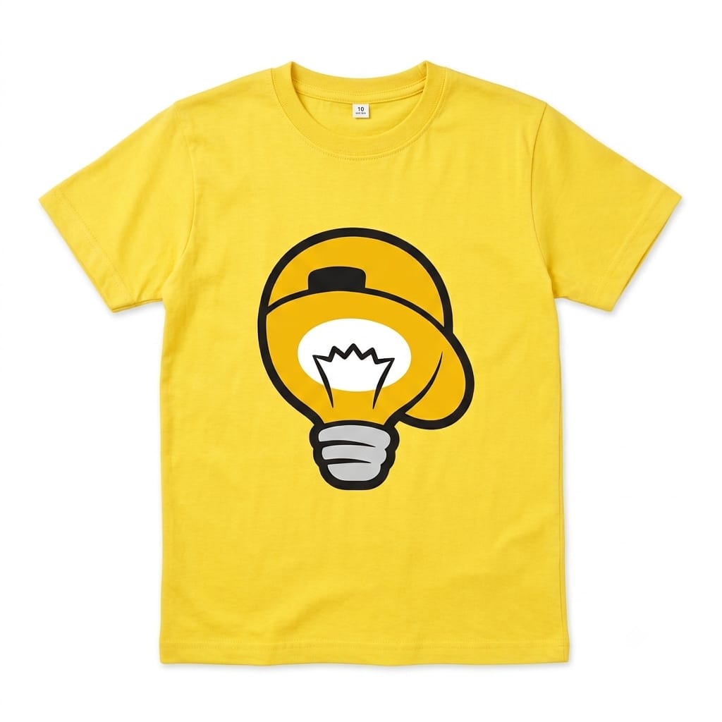 Camiseta amarela para criança com estampa de lâmpada.