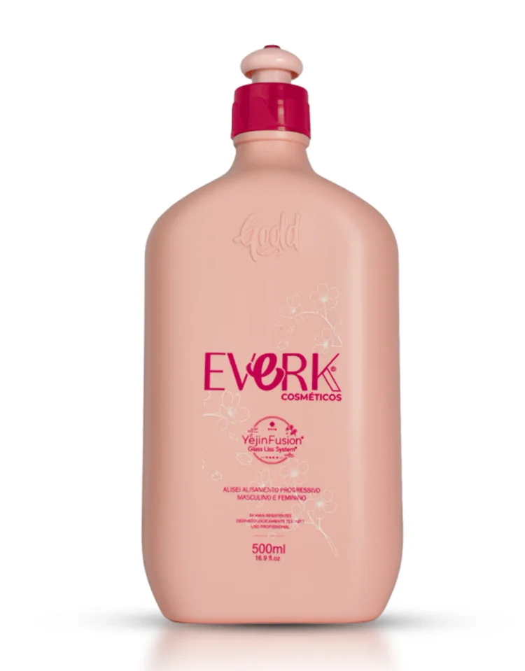 Frasco rosa claro com tampa vermelha de cosméticos EVERK