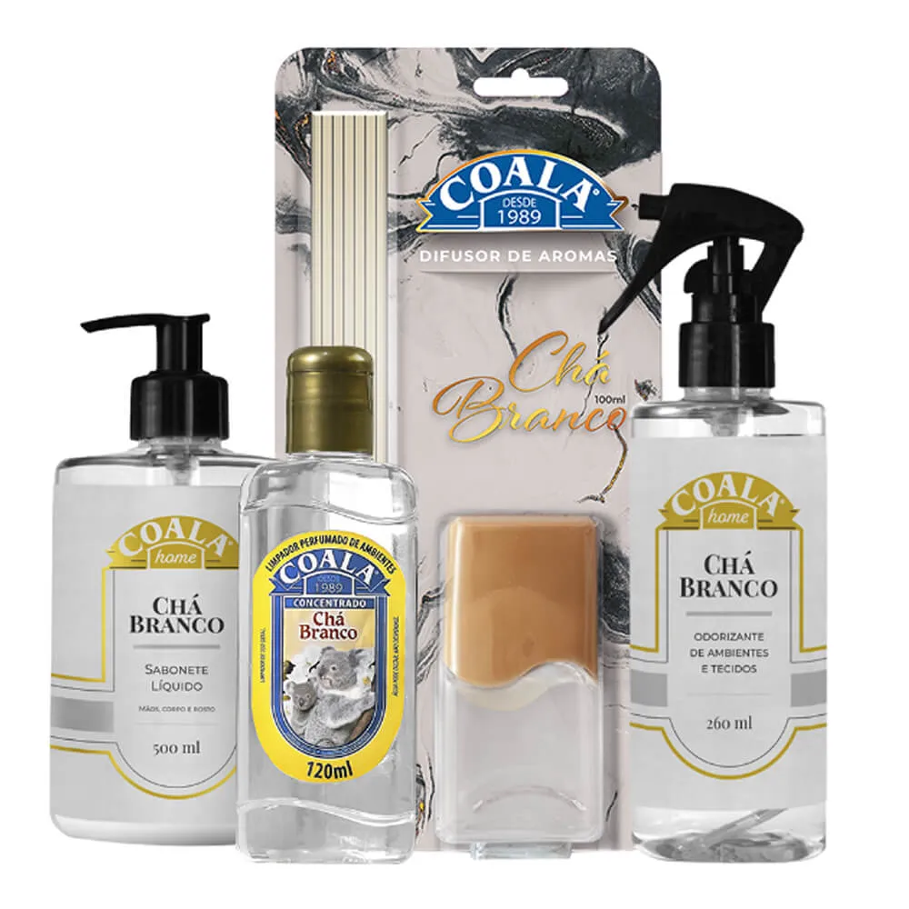 Conjunto de produtos Coala Chá Branco com embalagens transparentes e etiquetas amarelas e brancas