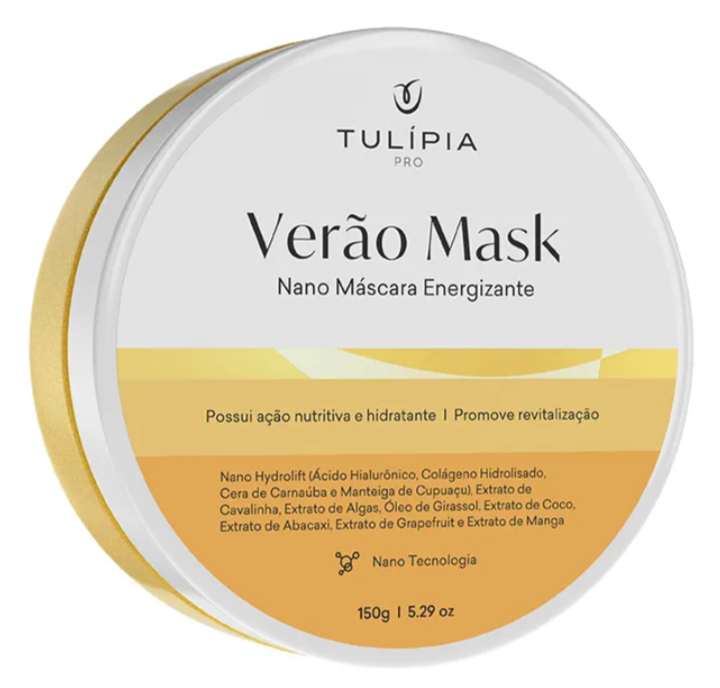 Embalagem redonda branca e amarela de máscara facial Tulípia Pro Verão Mask