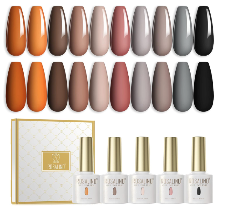 Conjunto de vernizes de gel ROSALIND com caixa e paleta de cores em tons neutros e escuros