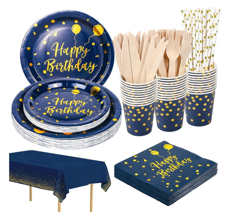 Conjunto de artigos de festa azul com dourado e texto Happy Birthday