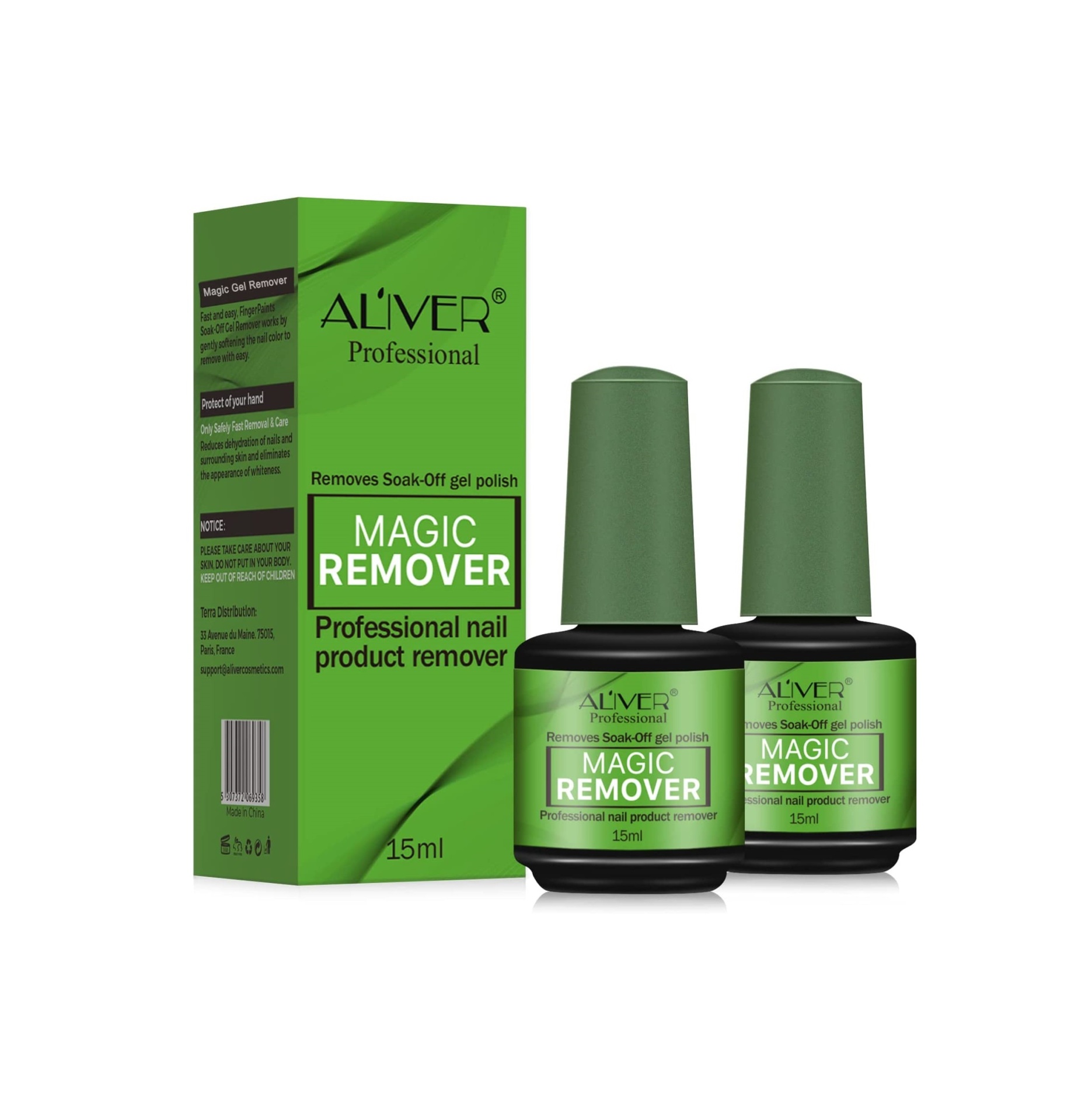 Produto removedor de verniz em gel soak-off AL'VER Professional Magic Remover com embalagem verde e dois frascos.