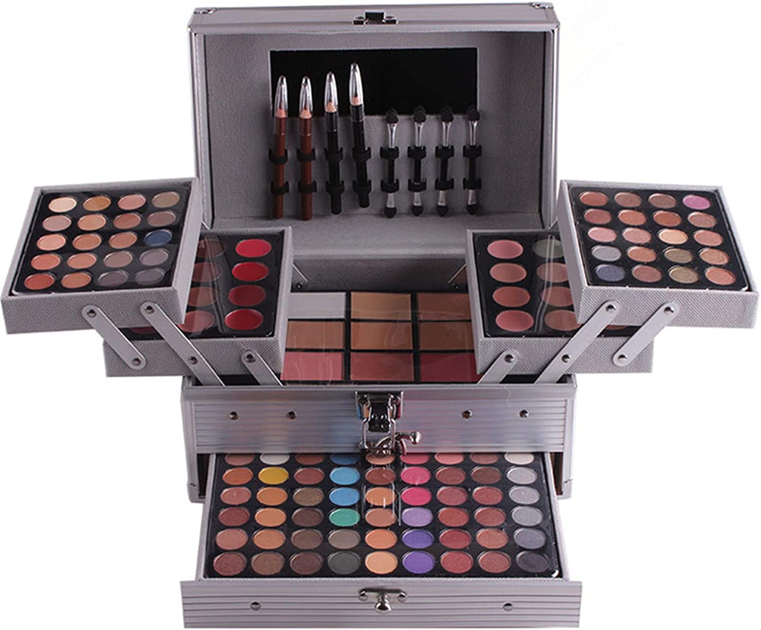 Estojo metálico aberto com paletas de maquilhagem