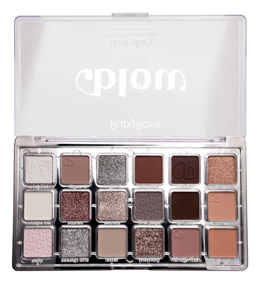 Paleta de sombras de olhos com 18 tons variados, embalagem transparente