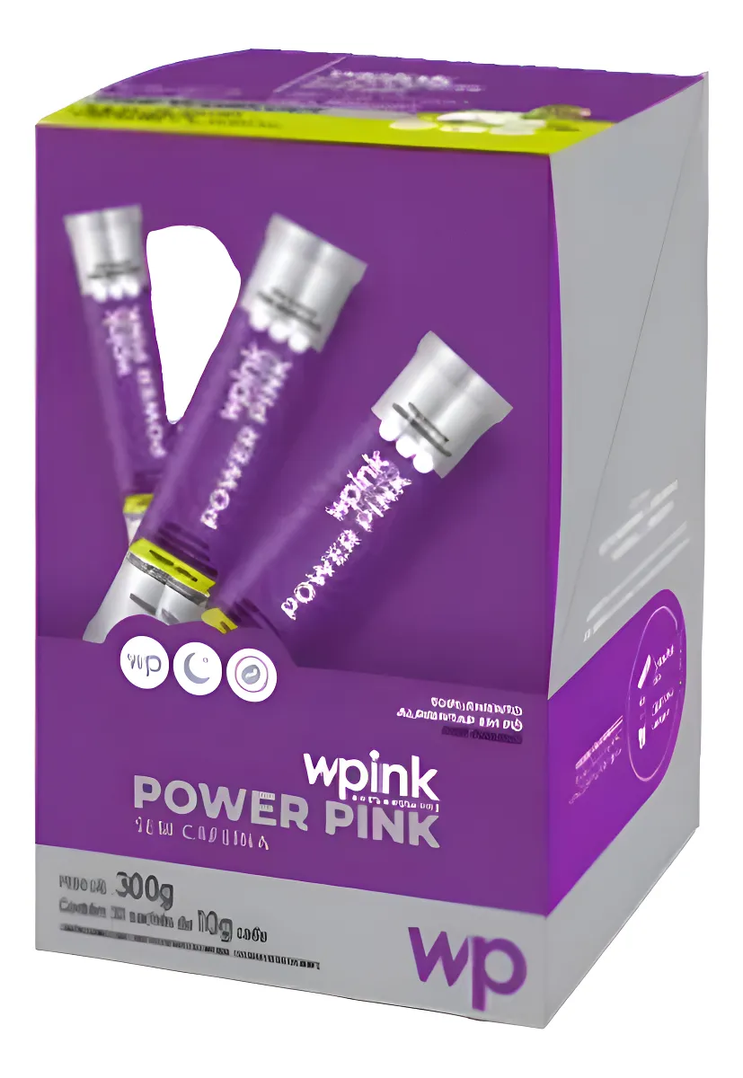 Caixa roxa e cinza com sachês de produto 'wpink POWER PINK'