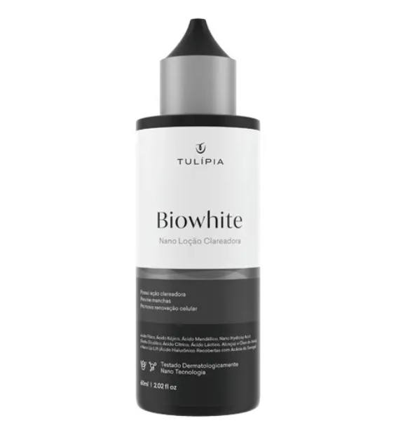 Frasco branco e preto de loção Biowhite da Tulípia