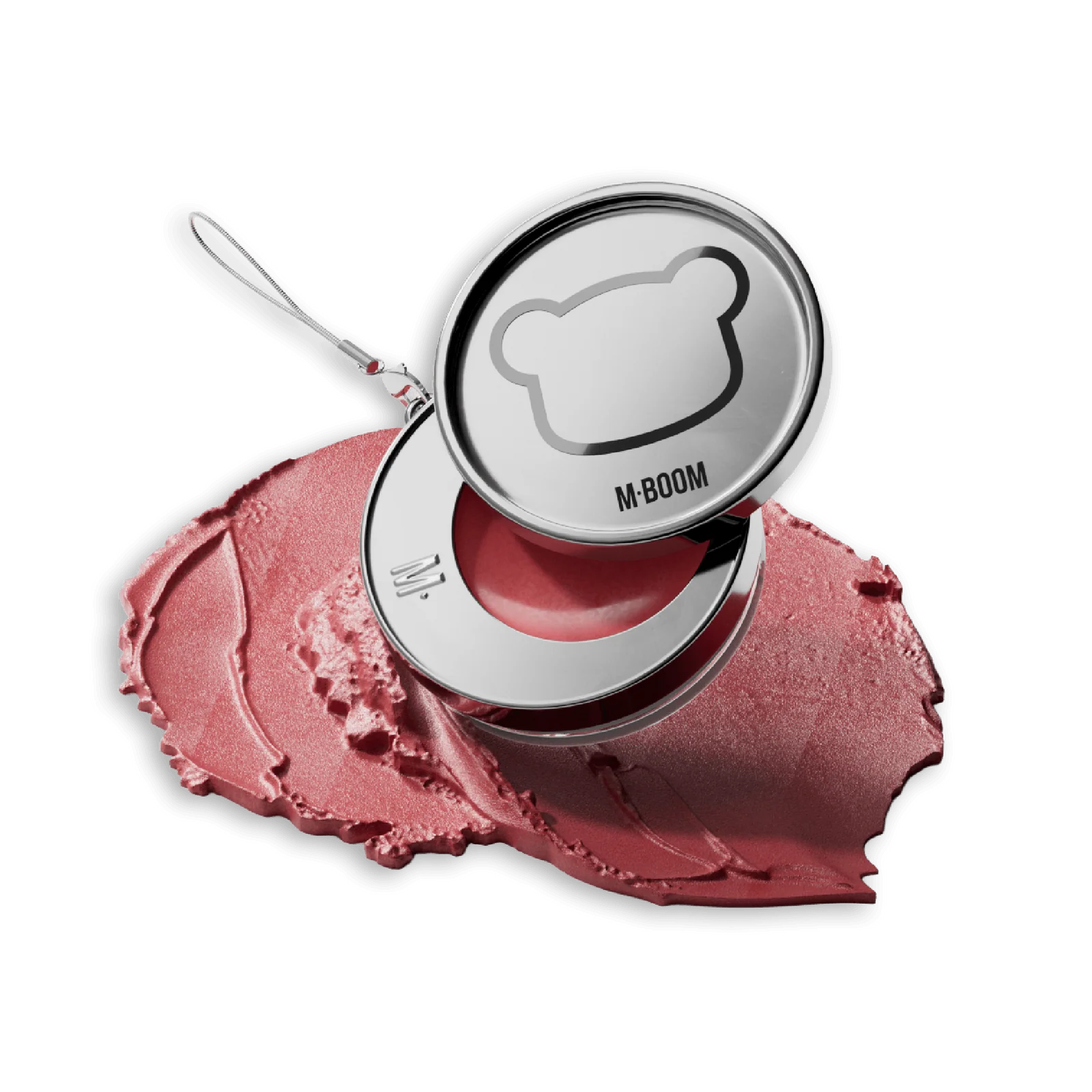 Estojo metálico prateado com maquilhagem rosa