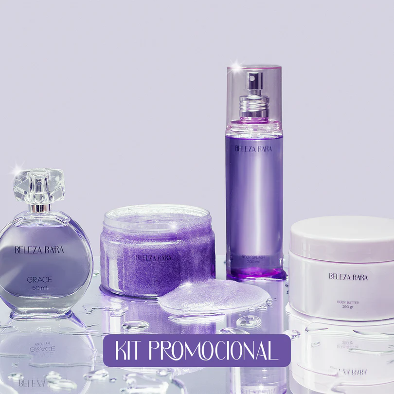 Kit promocional de produtos de beleza BELEZA RARA em tons violeta e branco