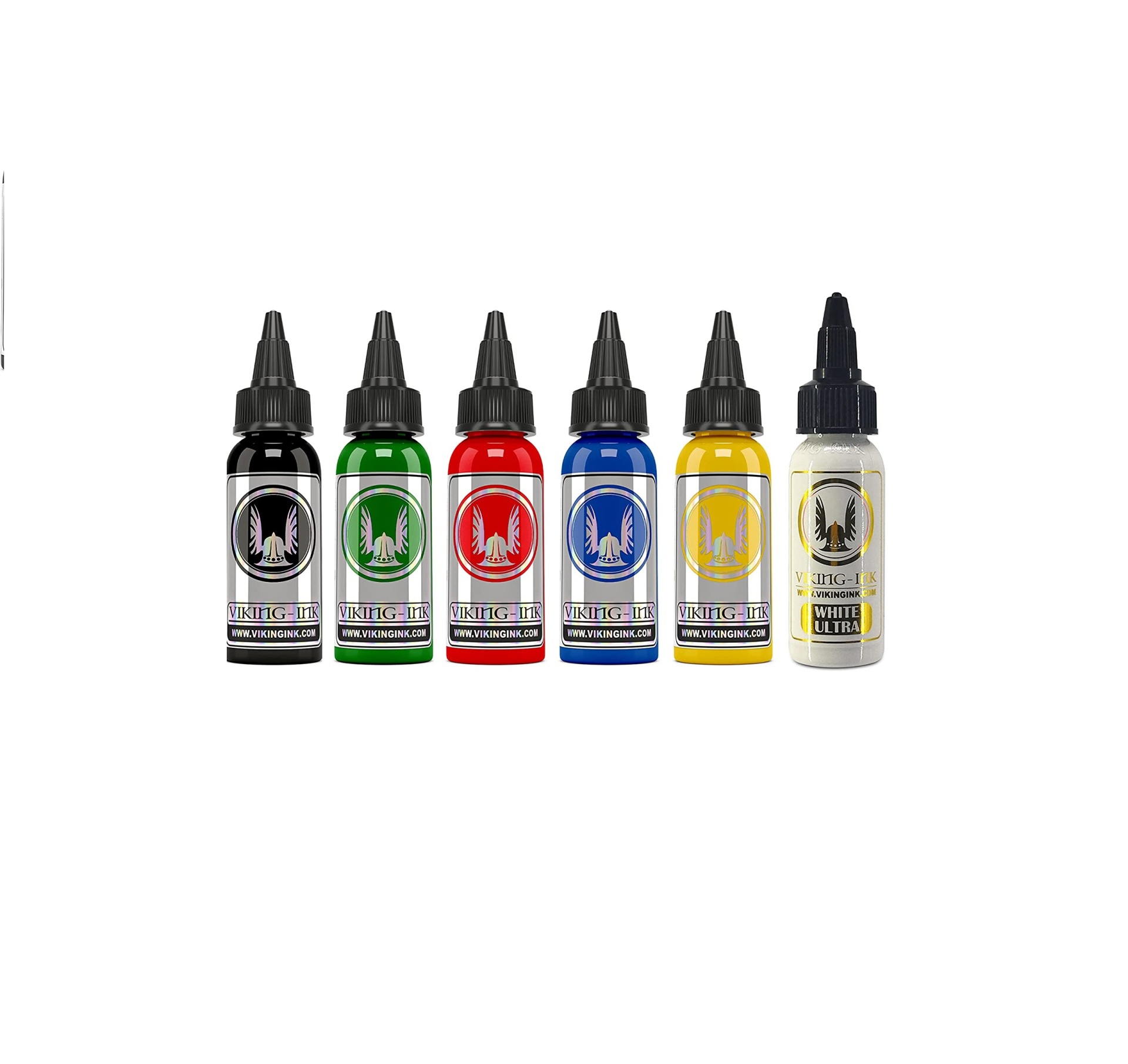 Seis frascos de tinta para tatuagem com tampas de bico em várias cores