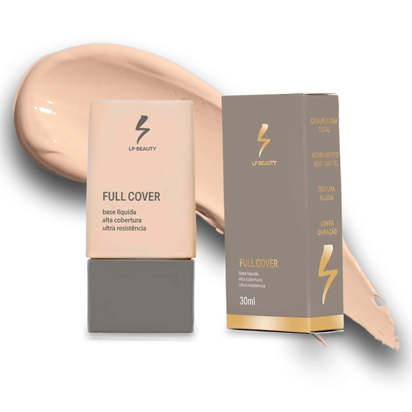 Base líquida LP Beauty Full Cover em vidro com tampa cinza ao lado da caixa cinza com texto dourado