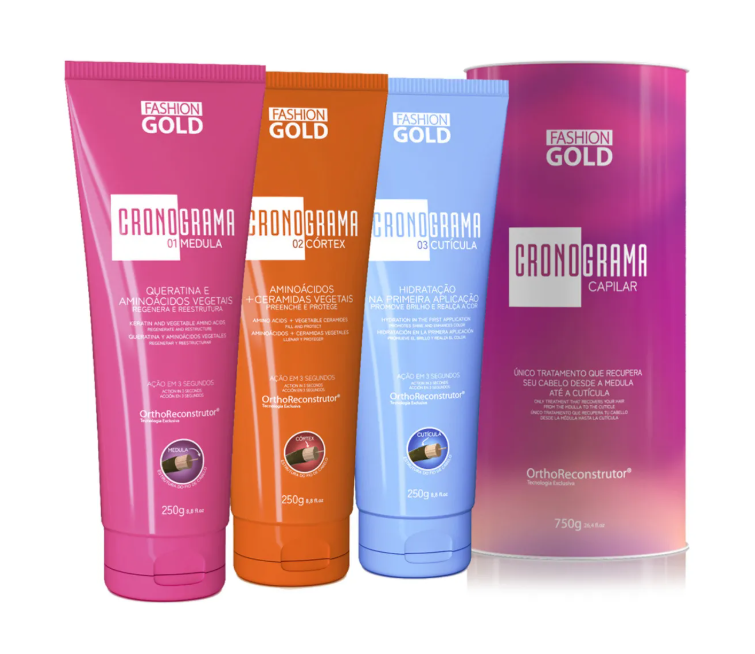 Conjunto de produtos de cuidado capilar Fashion Gold com três tubos coloridos e embalagem cilindrica rosa