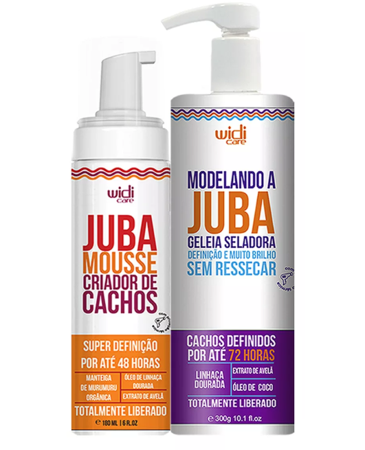 Dois produtos Widi Care para cabelos encaracolados, mousse e geleia seladora, com textos e cores variadas