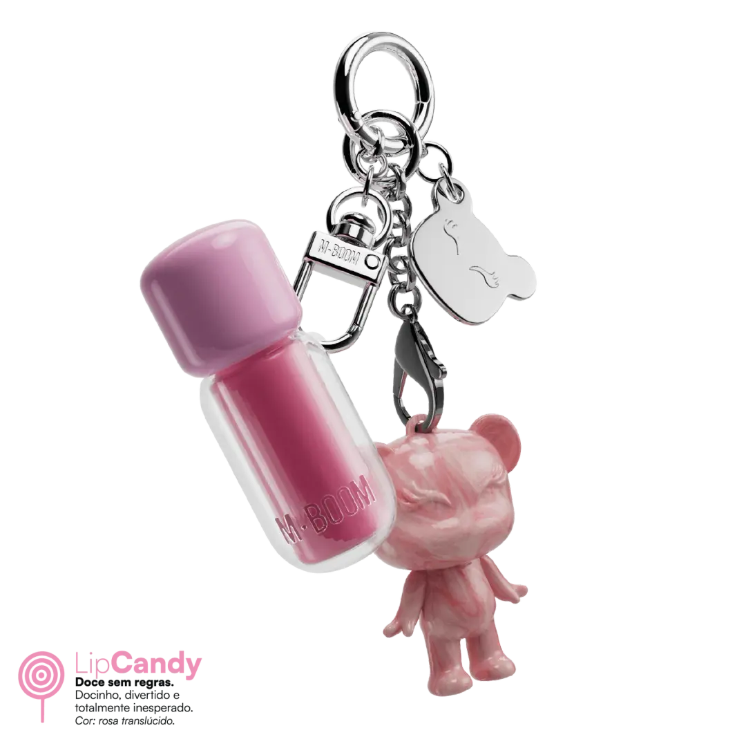 Chaveiro com frasco rosa M-BOOM, ursinho rosa marmoreado e placa prateada com olhos desenhados
