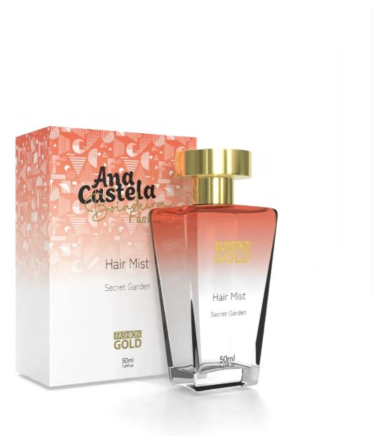 Frasco de Hair Mist Secret Garden Ana Castela com embalagem coral e dourada