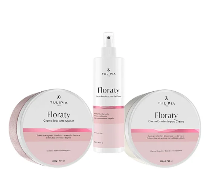 Produtos cosméticos Tulípia Floraty em embalagens brancas e rosa