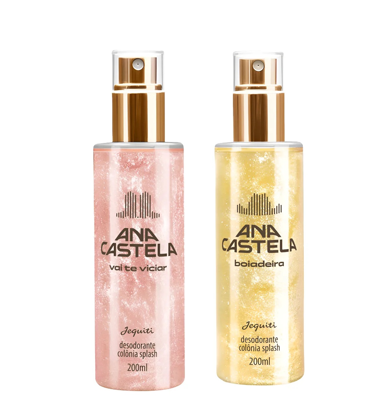Dois frascos de desodorizante colónia splash Ana Castela rosa e amarelo com tampa dourada spray