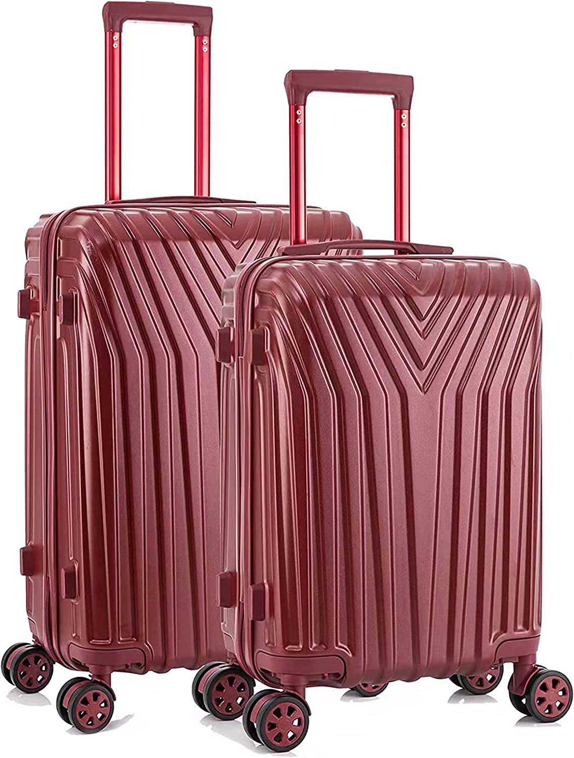 Conjunto de duas malas de viagem duras vinho com padrão geométrico e rodas
