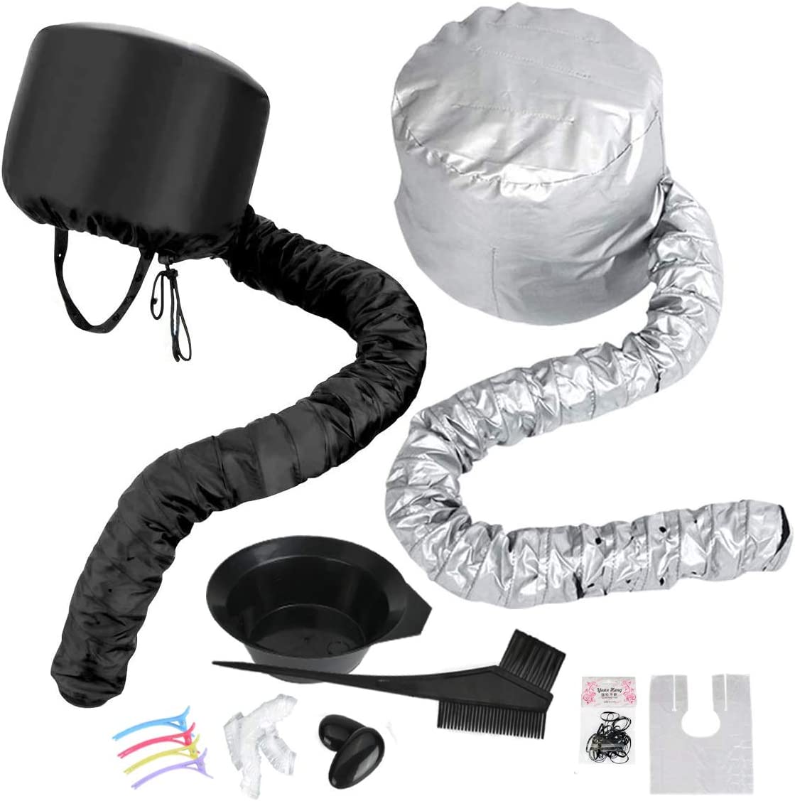 Conjunto de acessórios para lavagem de cabelo com toucas, tubos flexíveis, escova, presilhas e base de plástico