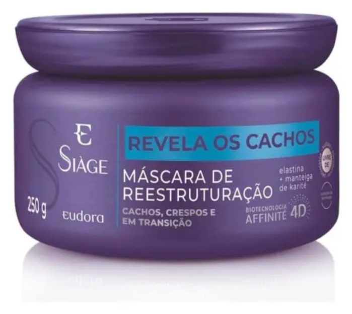 Pote roxo de máscara capilar Eudora Siàge 250 g com texto em branco e azul