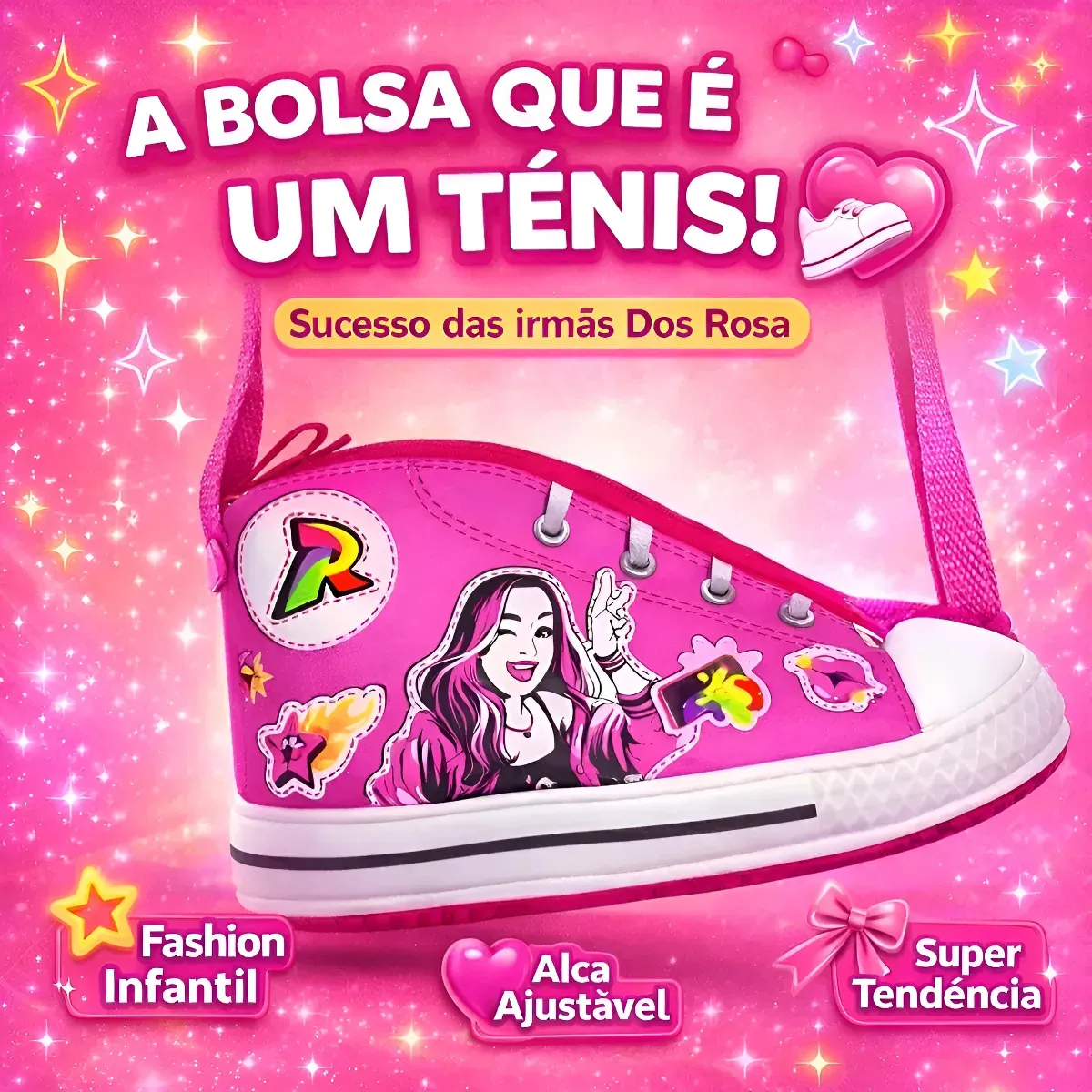 Saco rosa formato ténis com alça ajustável e desenhos coloridos para crianças