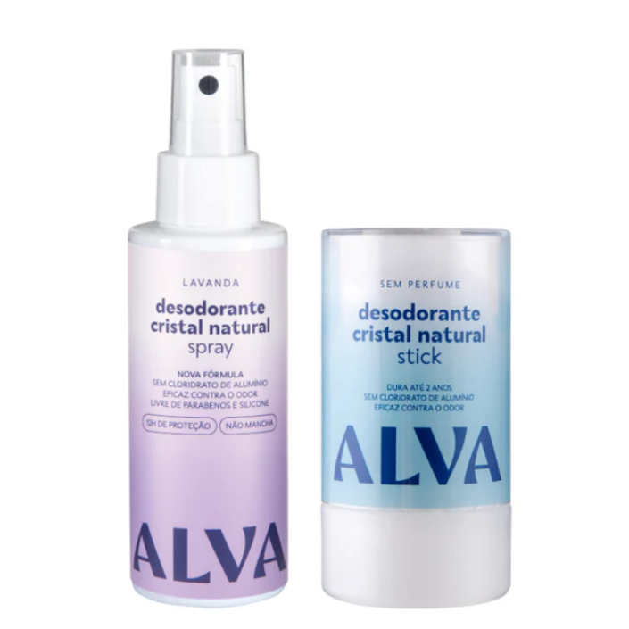Dois desodorantes ALVA cristal natural, spray lavanda e stick sem perfume
