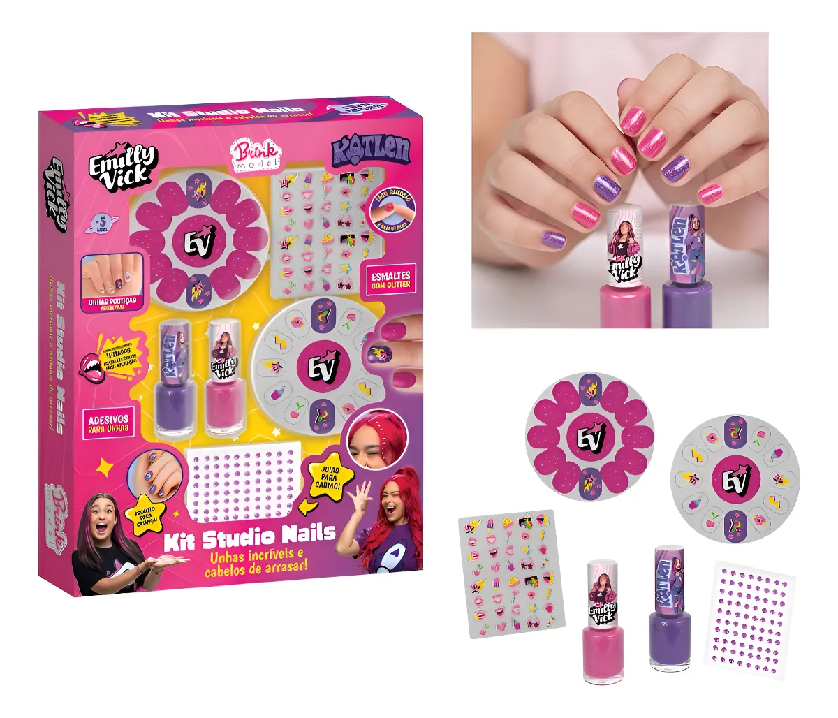 Kit Studio Nails Emily Vick com vernizes rosa e roxo e adesivos para unhas