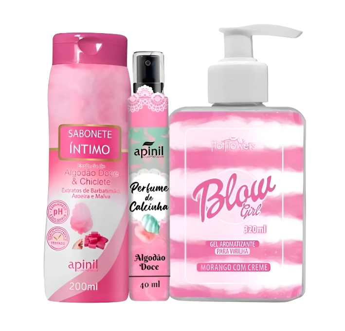 Conjunto de sabonete íntimo, perfume de calcinha e gel aromatizante em embalagem rosa e branca