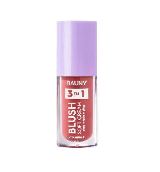 Blush em creme BAUNY com tampa roxa e frasco transparente mostrando o produto vermelho