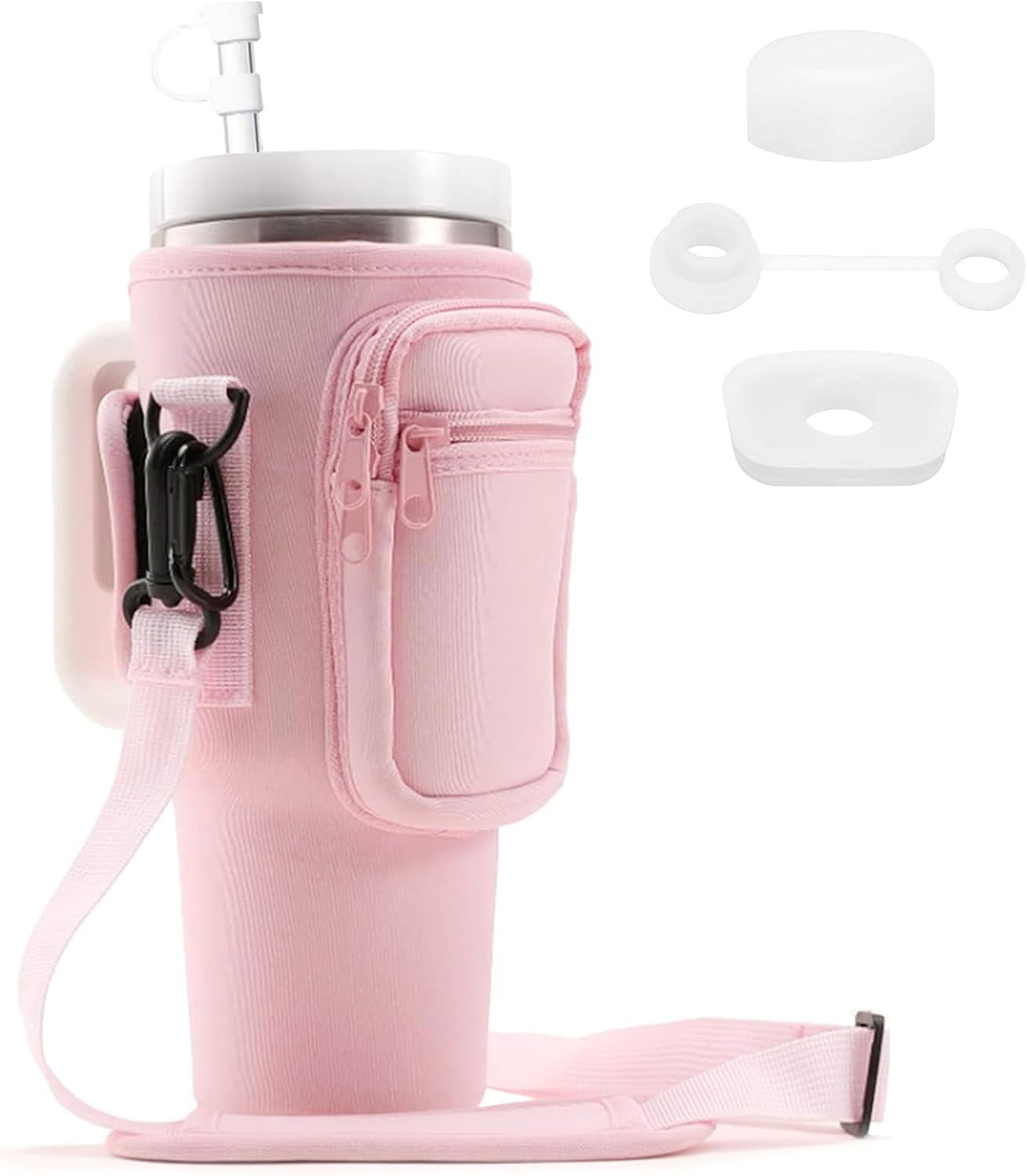 Copo térmico com capa rosa e acessórios de tampas brancas