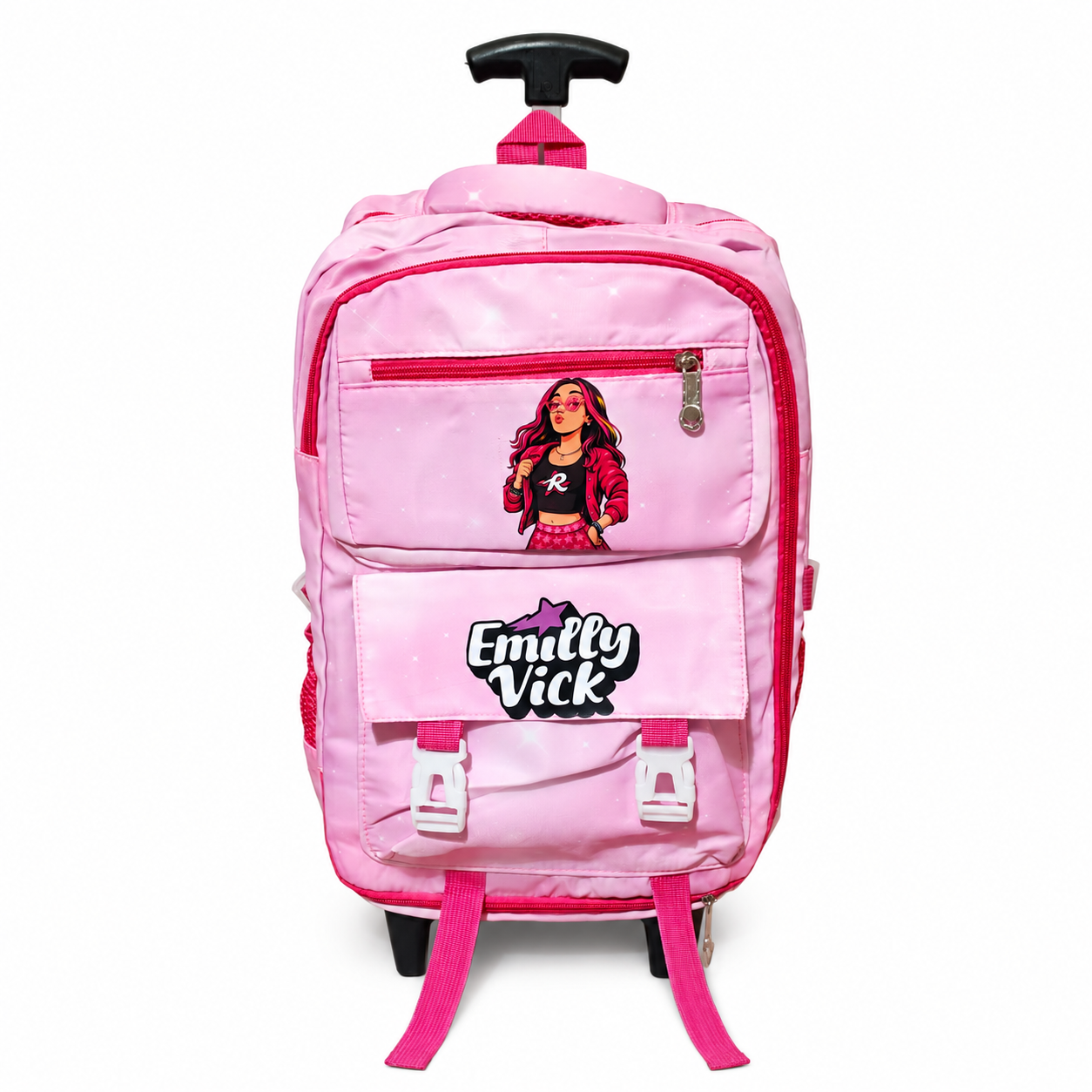 Mochila rosa com detalhes vermelhos, desenho de rapariga e texto Emilly Vick