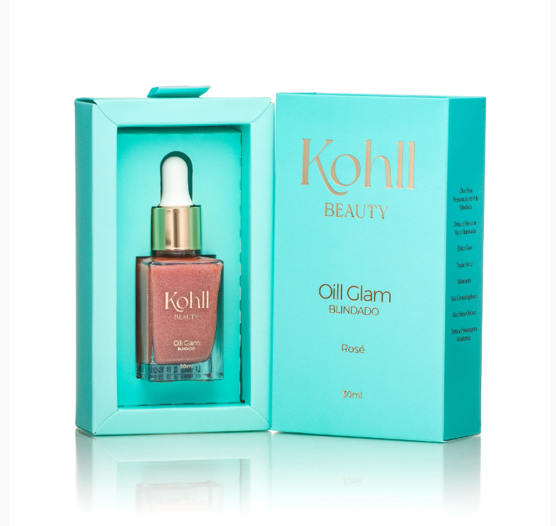 Frasco com conta-gotas e caixa azul turquesa do óleo Kohll Beauty Oil Glam