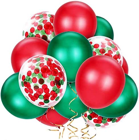 balões de festa vermelhos, verdes e transparentes com confetes
