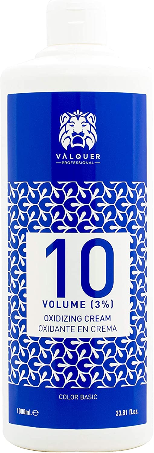 Frasco branco com rótulo azul do creme oxidante Valquer Professional 10 Volume