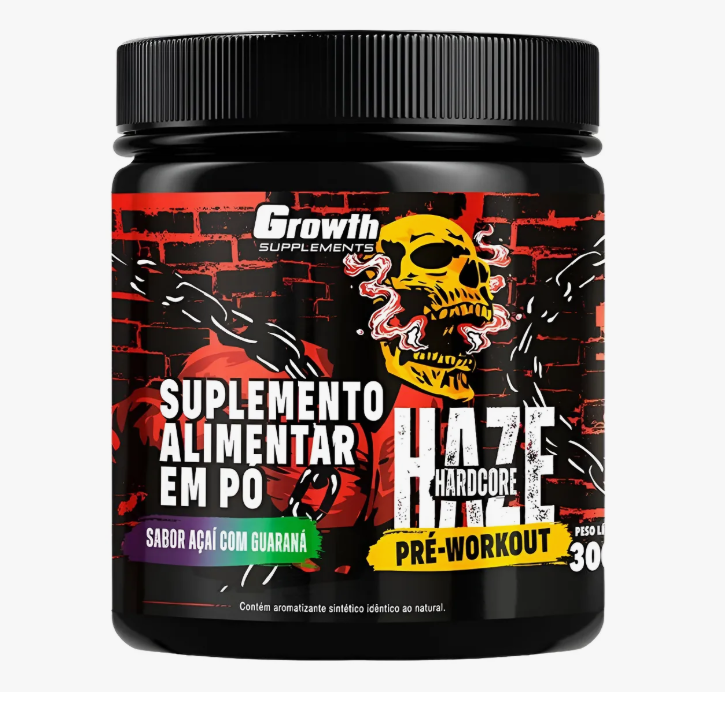 Frasco preto de suplemento alimentar em pó com rótulo preto e vermelho e imagem de caveira