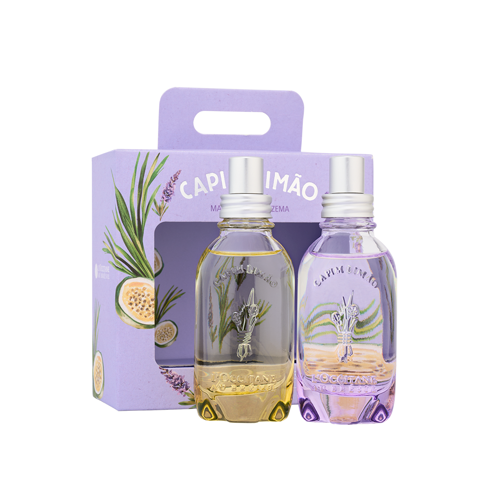 Conjunto de duas fragrâncias CAPIM LIMÃO em garrafas de vidro com caixa lilás decorada