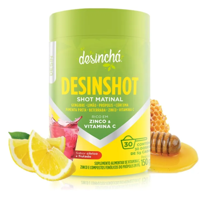 Embalagem verde de suplemento Desinshot Shot Matinal com limões e mel
