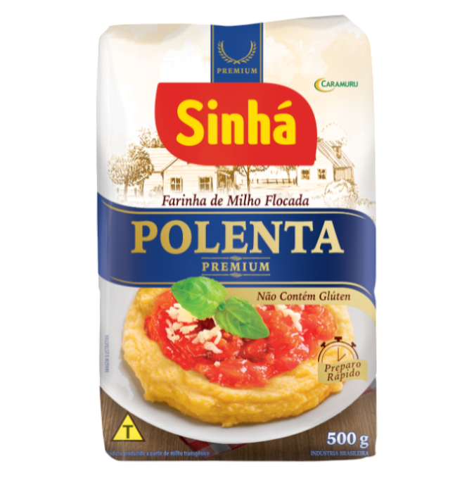 Pacote branco e azul de farinha de milho flocada Sinã Polenta Premium 500g