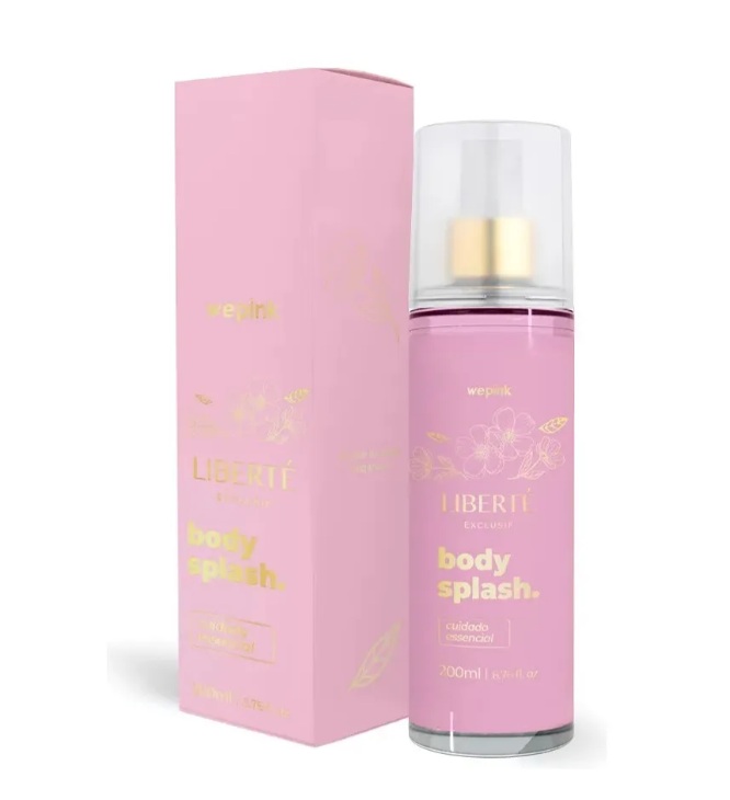 Embalagem e frasco rosa body splash da marca wepink LIBERTÉ EXCLUSIF