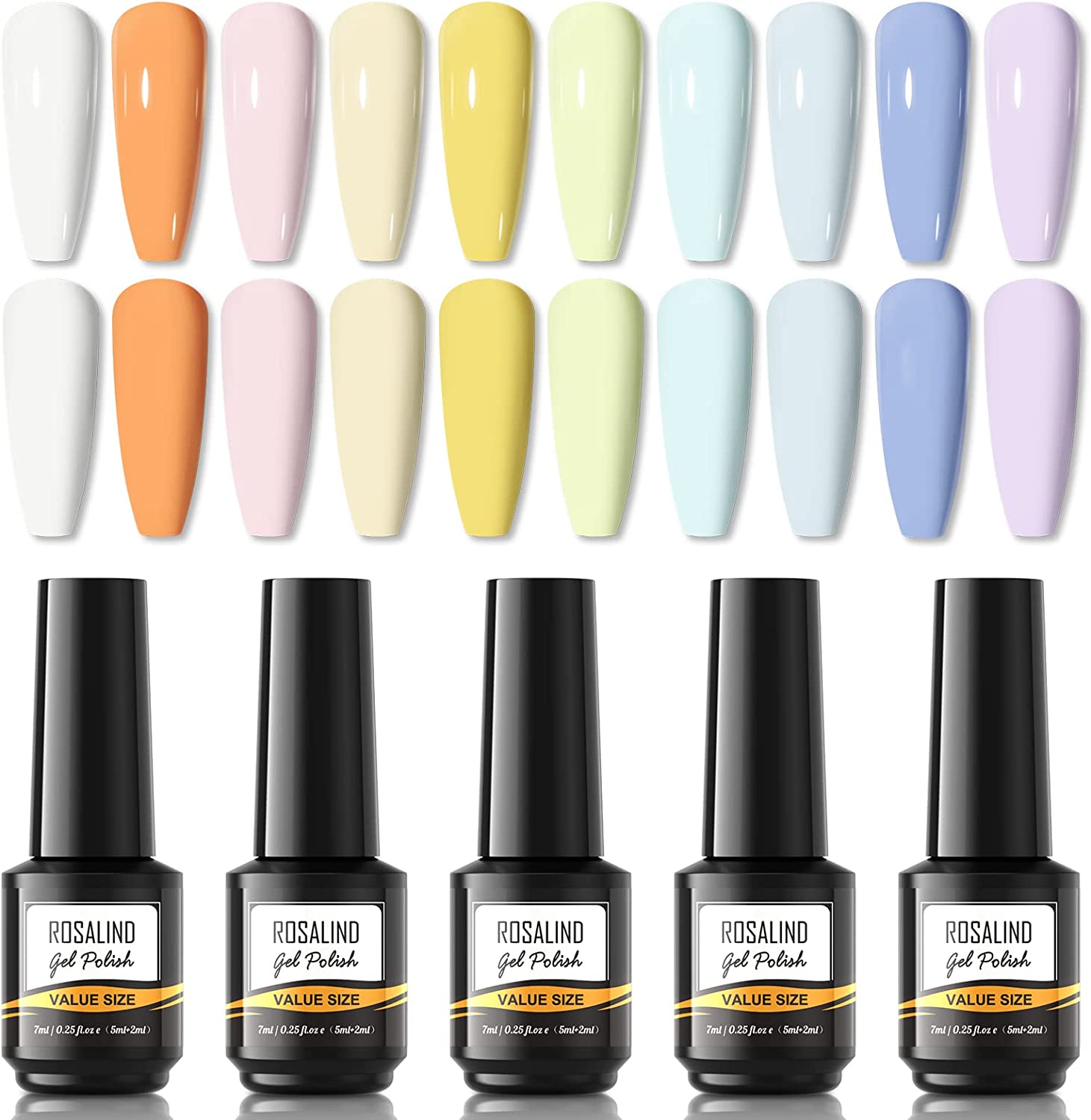 Frascos de verniz gel Rosalind e amostras de cores pastel brilhantes