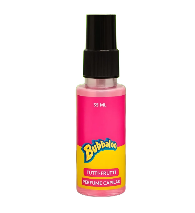 Frasco de perfume capilar Bubbaloo tutti-frutti 35 ml com tampa spray preta