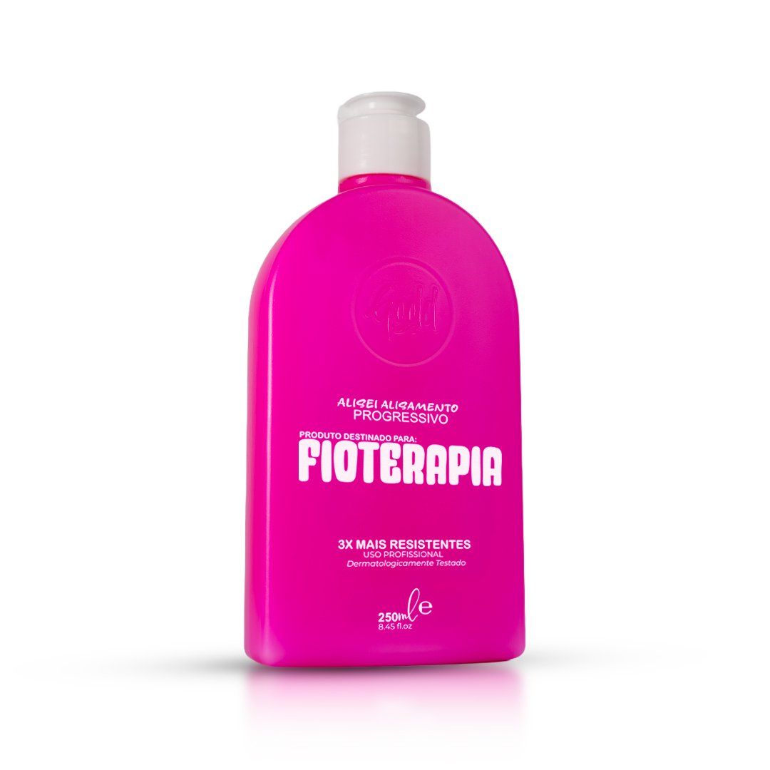 Frasco rosa com tampa branca e texto branco para produto de fisioterapia