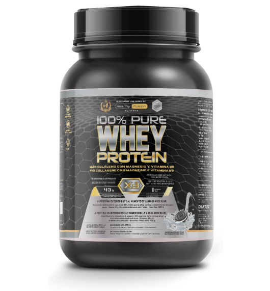 Frasco preto de suplemento Whey Protein com rótulo cinza e letras douradas