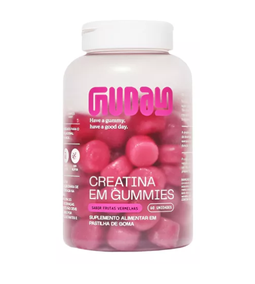 Frasco de creatina em gummies rosa em pote plástico transparente