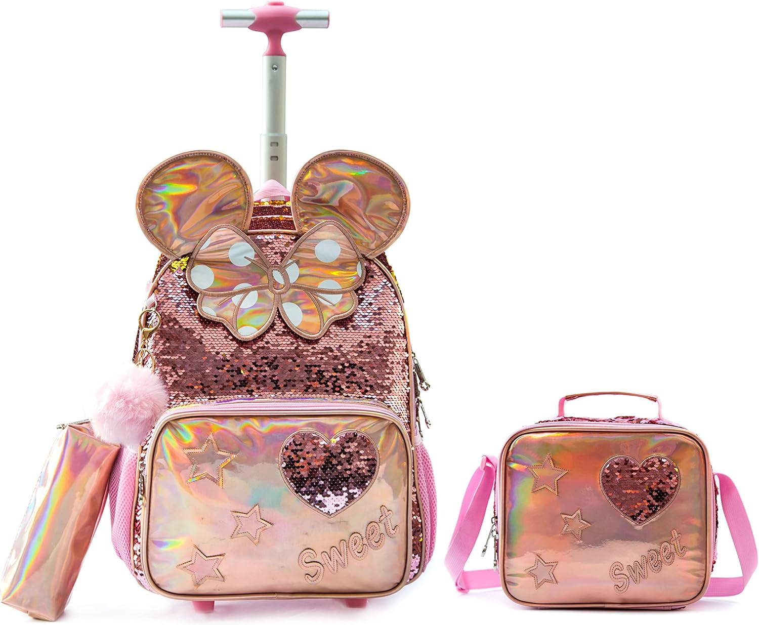Mochila trolley e bolsa escolares cor-de-rosa com lantejoulas e detalhes holográficos
