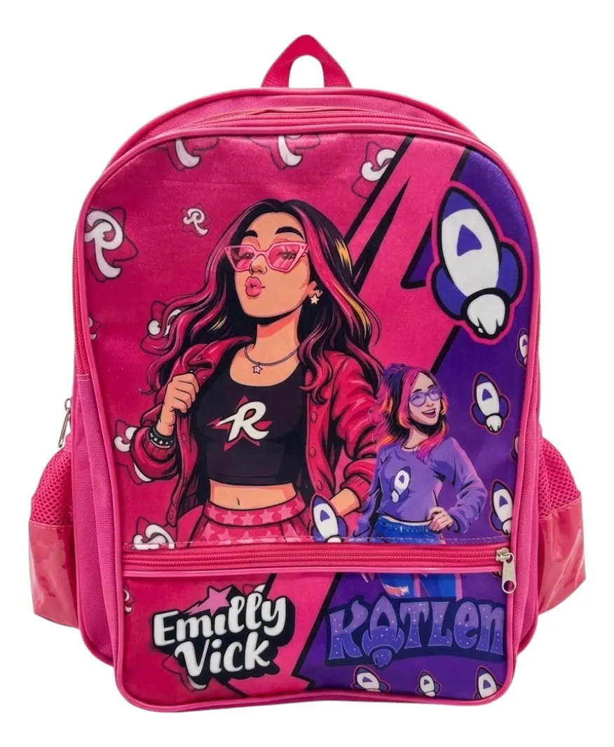Mochila rosa com ilustrações e texto Emilly Vick e Katlen