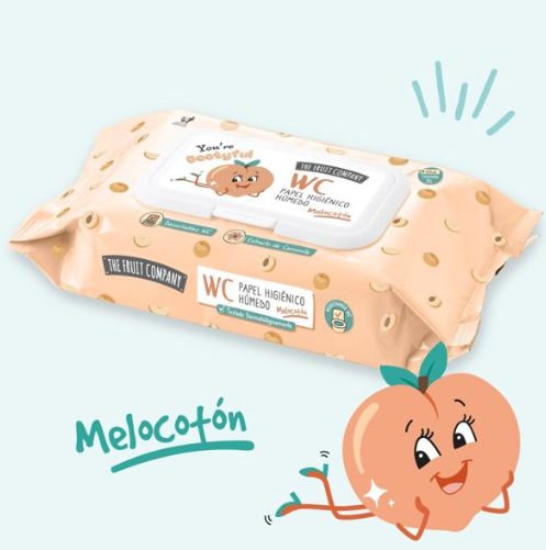Pacote de papel higiénico húmido com desenho de pêssego e texto em espanhol