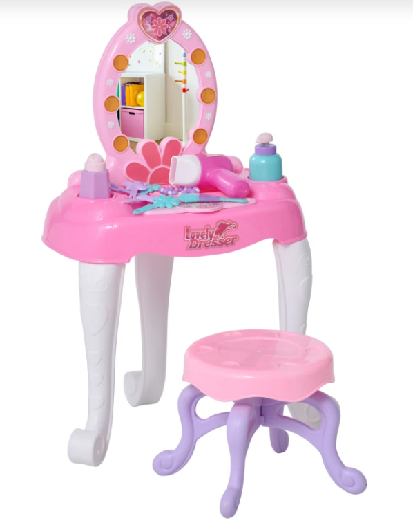 Toucador infantil cor-de-rosa com espelho e luzes, inclui banco lilás e acessórios de brinquedo.